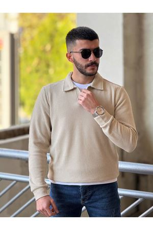 Slimfit Kesim Erkek Yakalı Düz Desen Örme Triko Kazak-BEJ