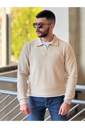 Slimfit Kesim Erkek Yakalı Düz Desen Örme Triko Kazak-BEJ