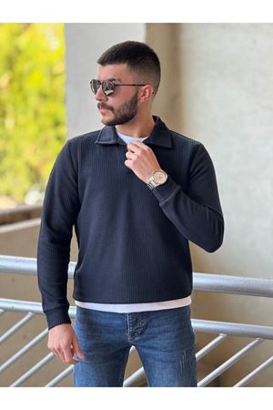 Slimfit Kesim Erkek Yakalı Düz Desen Örme Triko Kazak-LACİVERT