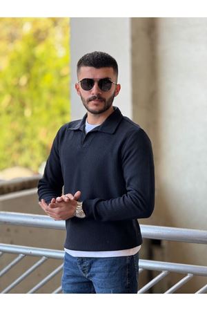 Slimfit Kesim Erkek Yakalı Düz Desen Örme Triko Kazak-LACİVERT