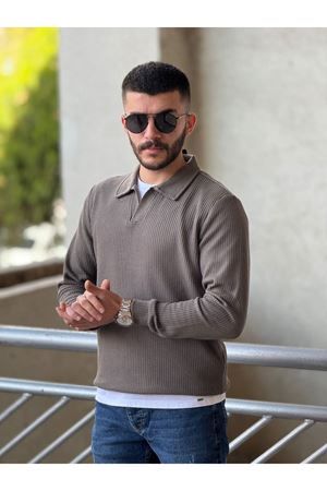 Slimfit Kesim Erkek Yakalı Düz Desen Örme Triko Kazak-KAHVE