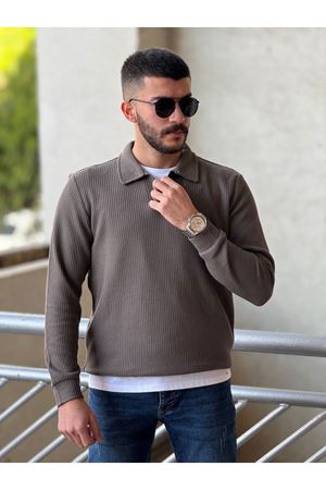 Slimfit Kesim Erkek Yakalı Düz Desen Örme Triko Kazak-KAHVE