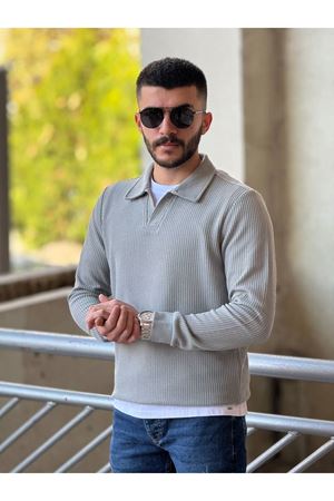 Slimfit Kesim Erkek Yakalı Düz Desen Örme Triko Kazak-ÇAĞLA