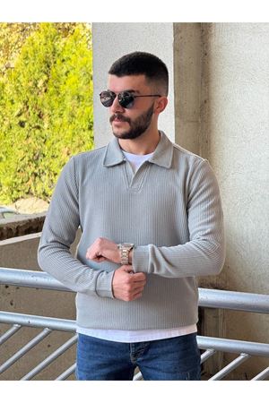 Slimfit Kesim Erkek Yakalı Düz Desen Örme Triko Kazak-ÇAĞLA