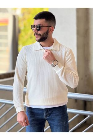 Slimfit Kesim Erkek Yakalı Düz Desen Örme Triko Kazak-EKRU