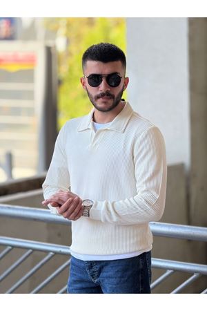 Slimfit Kesim Erkek Yakalı Düz Desen Örme Triko Kazak-EKRU