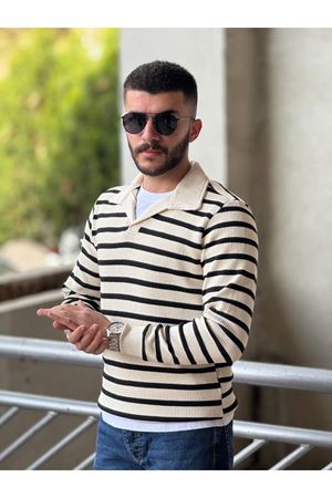 Slimfit Kesim Erkek Yakalı Cizgili Zincir Örgü Triko Kazak-SİYAH