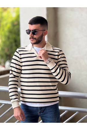 Slimfit Kesim Erkek Yakalı Cizgili Zincir Örgü Triko Kazak-SİYAH