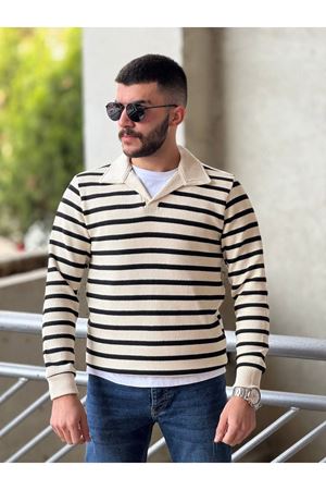 Slimfit Kesim Erkek Yakalı Cizgili Zincir Örgü Triko Kazak-SİYAH