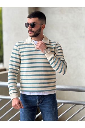 Slimfit Kesim Erkek Yakalı Cizgili Zincir Örgü Triko Kazak-YEŞİL