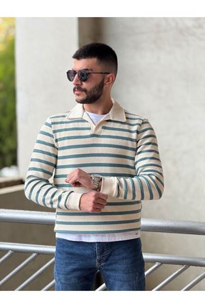 Slimfit Kesim Erkek Yakalı Cizgili Zincir Örgü Triko Kazak-YEŞİL