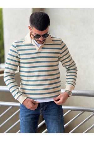 Slimfit Kesim Erkek Yakalı Cizgili Zincir Örgü Triko Kazak-YEŞİL