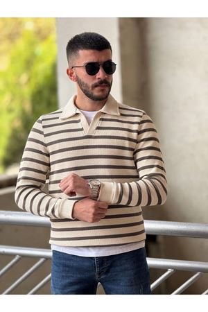 Slimfit Kesim Erkek Yakalı Cizgili Zincir Örgü Triko Kazak-KAHVE