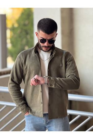 Slimfit Kesim Erkek Düz Desen Süet Gömlek-HAKİ
