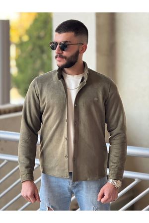 Slimfit Kesim Erkek Düz Desen Süet Gömlek-HAKİ