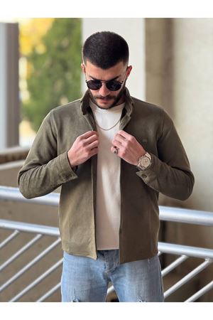 Slimfit Kesim Erkek Düz Desen Süet Gömlek-HAKİ