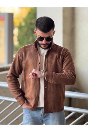 Slimfit Kesim Erkek Düz Desen Süet Gömlek-KAHVE