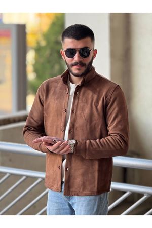 Slimfit Kesim Erkek Düz Desen Süet Gömlek-KAHVE