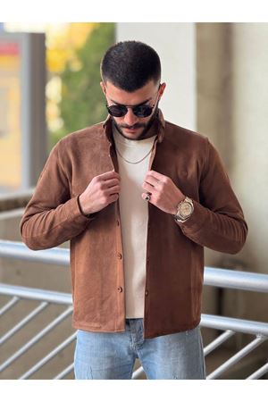 Slimfit Kesim Erkek Düz Desen Süet Gömlek-KAHVE