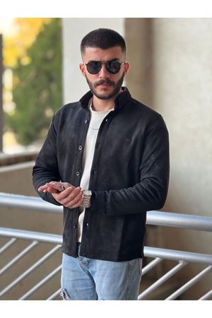 Slimfit Kesim Erkek Düz Desen Süet Gömlek-SİYAH