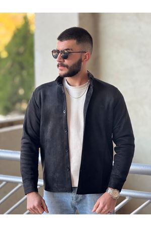Slimfit Kesim Erkek Düz Desen Süet Gömlek-SİYAH