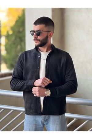 Slimfit Kesim Erkek Düz Desen Süet Gömlek-SİYAH