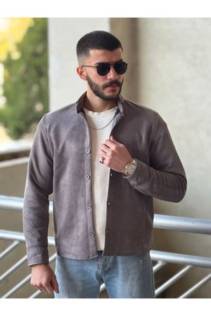 Slimfit Kesim Erkek Düz Desen Süet Gömlek-GRİ