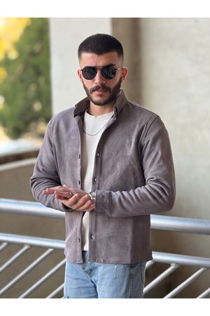 Slimfit Kesim Erkek Düz Desen Süet Gömlek-GRİ