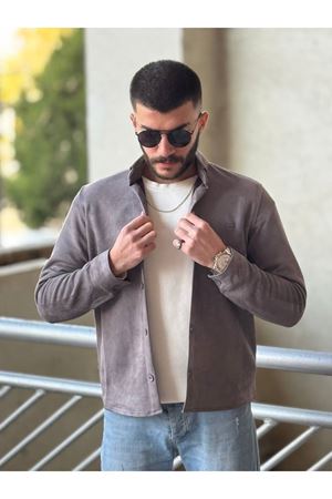 Slimfit Kesim Erkek Düz Desen Süet Gömlek-GRİ