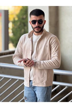 Slimfit Kesim Erkek Düz Desen Süet Gömlek-BEJ
