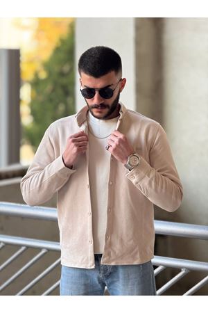 Slimfit Kesim Erkek Düz Desen Süet Gömlek-BEJ