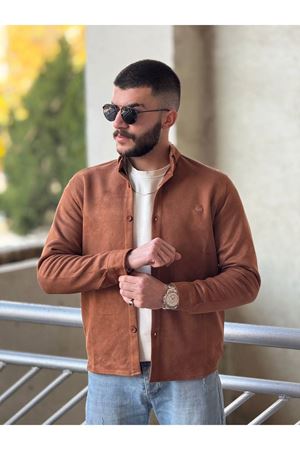 Slimfit Kesim Erkek Düz Desen Süet Gömlek-TABA