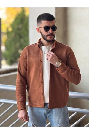 Slimfit Kesim Erkek Düz Desen Süet Gömlek-TABA