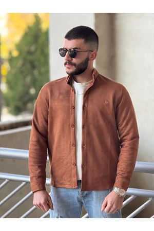 Slimfit Kesim Erkek Düz Desen Süet Gömlek-TABA