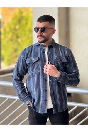 Slimfit Kesim Erkek Çizgili Yün Oduncu Gömlek-LACİVERT