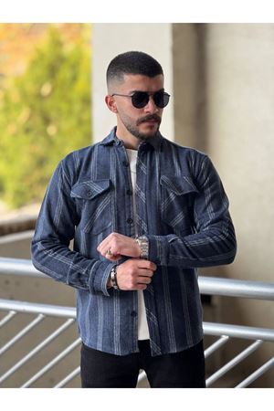 Slimfit Kesim Erkek Çizgili Yün Oduncu Gömlek-LACİVERT