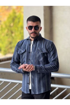 Slimfit Kesim Erkek Çizgili Yün Oduncu Gömlek-LACİVERT
