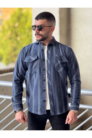 Slimfit Kesim Erkek Çizgili Yün Oduncu Gömlek-LACİVERT