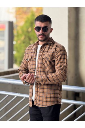 Slimfit Kesim Erkek Piti Kareli Yün Oduncu Gömlek-TABA