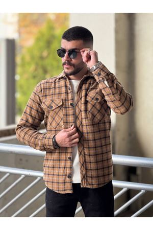 Slimfit Kesim Erkek Piti Kareli Yün Oduncu Gömlek-TABA