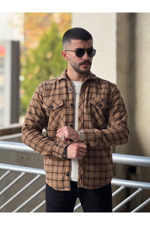 Slimfit Kesim Erkek Piti Kareli Yün Oduncu Gömlek-TABA