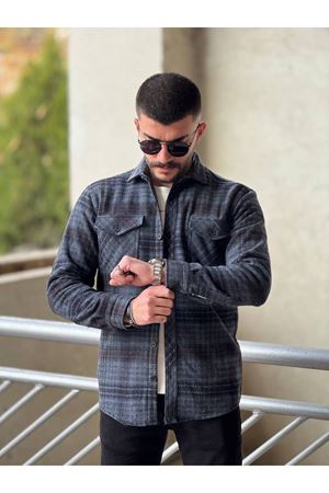 Slimfit Kesim Erkek Ekose Desen Yün Oduncu Gömlek-LACİVERT