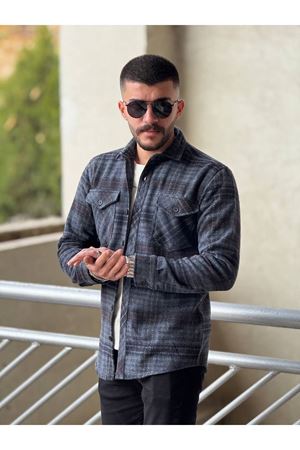 Slimfit Kesim Erkek Ekose Desen Yün Oduncu Gömlek-LACİVERT