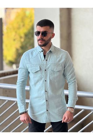 Slimfit Kesim Erkek Levi Model Cotton Cift Cepli Gömlek-BUZ MAVİSİ