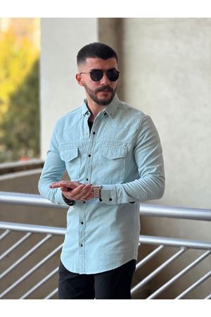 Slimfit Kesim Erkek Levi Model Cotton Cift Cepli Gömlek-BUZ MAVİSİ