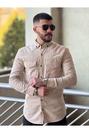 Slimfit Kesim Erkek Levi Model Cotton Cift Cepli Gömlek-KREM
