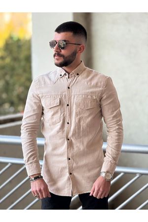 Slimfit Kesim Erkek Levi Model Cotton Cift Cepli Gömlek-KREM