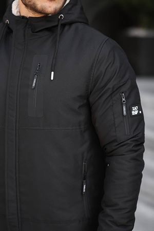 Slimfit Kesim Erkek Su Gecirmez İçi Kürklü Duz Desen Kapüşonlu Mont-SİYAH
