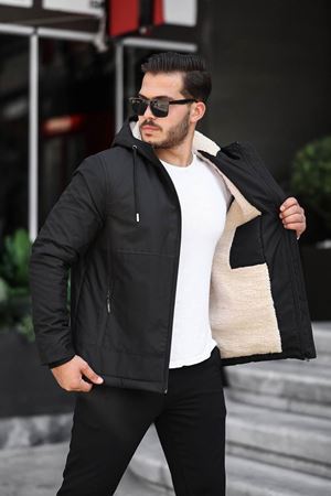 Slimfit Kesim Erkek Su Gecirmez İçi Kürklü Duz Desen Kapüşonlu Mont-SİYAH