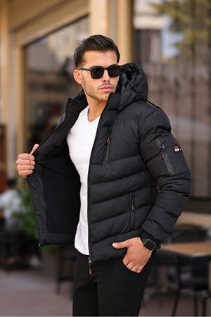 Slimfit Kesim Erkek Kapşonlu İçi Kürklü Astar Su Gecirmez Şişme Mont-SİYAH